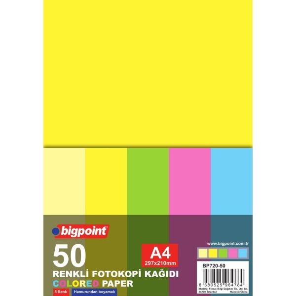 A4 Renkli Fotokopi Kağıdı 5 Renk 50 li Paket