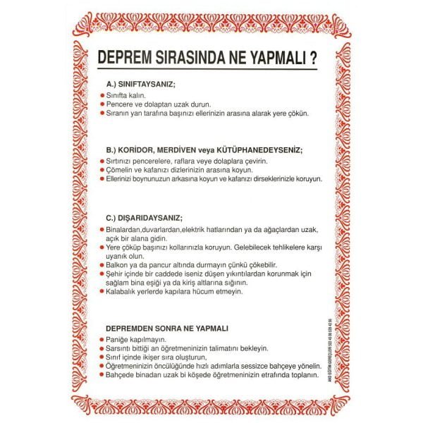 Deprem Sırasında Ne Yapılmalı? Panosu 50x70 cm