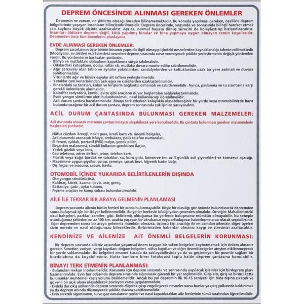 Deprem Öncesinde Alınması Gereken Önlemler Panosu 50x70 cm