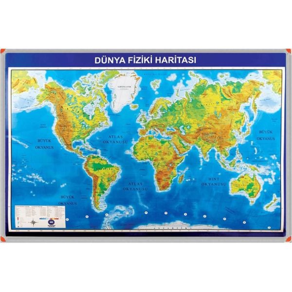 Dünya Fiziki Harita Panosu (Alüminyum Çerçeveli) 70x100 cm