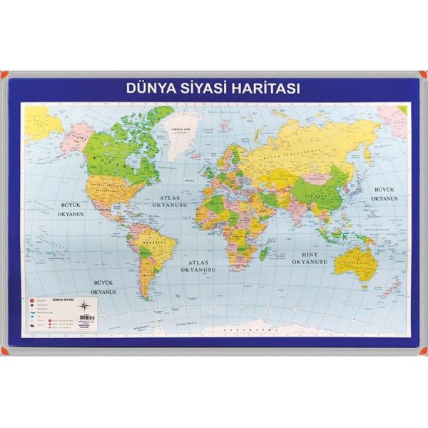 Dünya Siyasi Harita Panosu (Alüminyum Çerçeveli) 70x100 cm